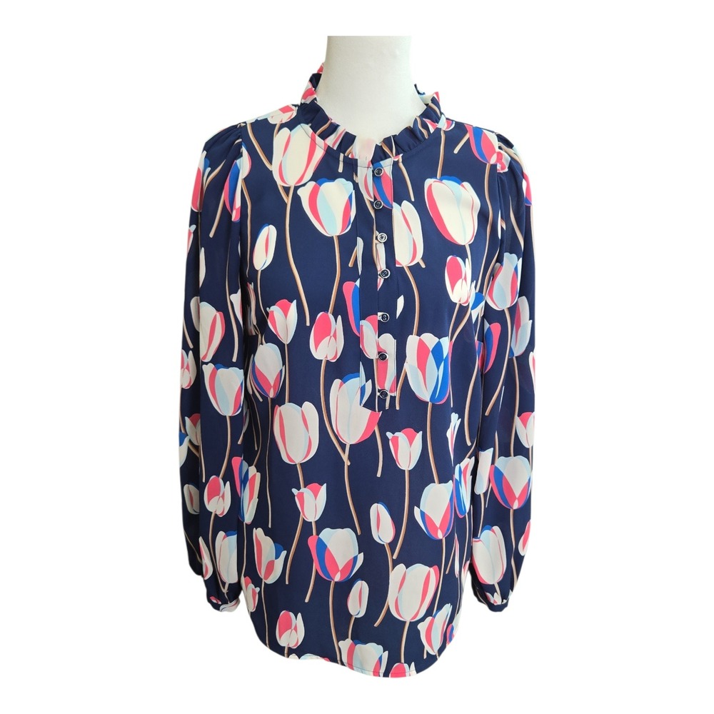 Talbots Womens Navy Floral Tulip Button Neck Ruffle Collar Long Sleeve Blouse XS
